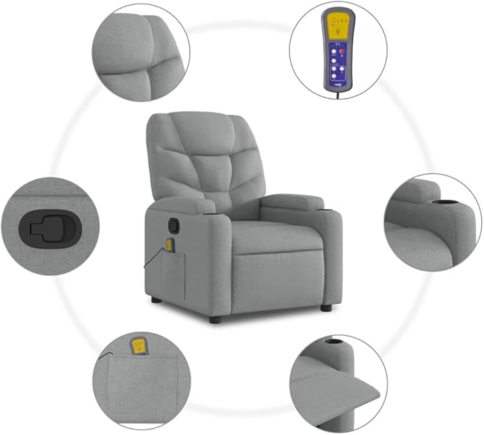 vidaXL Light Grey Fabric Massage Recliner Chair with Adjustable Armrests Built-in Functionality Perfect for Living Rooms and TV Watching