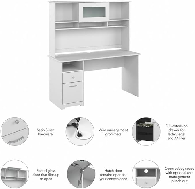 Pemberly Row 60W Computer Desk with Hutch Engineered Wood White Finish Built-in Wire Management File Drawer Open and Closed Shelving Home Office Desk for Workspace Organization