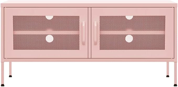 vidaXL Industrial Style TV Stand in Pink Steel Adjustable Height Cable Management System 41.3x13.8x19.7 2 Doors and 1 Shelf Maximum Loading 220.5lb