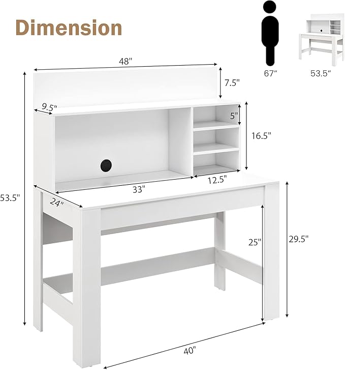 Tangkula 48“ Computer Desk with Hutch Home Office Writing Study Desk with Storage Shelves Cable Management Hole Laptop Desk Desk for Bedroom Computer Workstation (White)
