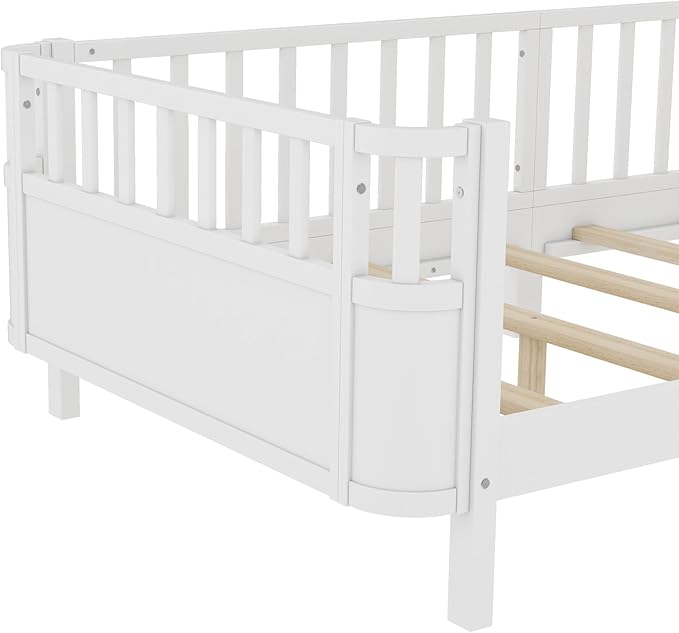 Bellemave Twin XL Montessori Bed with Fence and Slats Twin XL Low Platform Bed Frame with Detachable Side Bed Rails and Rounded Corner Design Easy Assemble Montessori Bed White