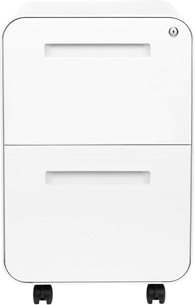 Laura Davidson Furniture Stockpile 2 Drawer Mobile File Cabinet with Lock - Under Desk Metal Filing Cabinet Legal/Letter File Folders Wheels and Stationary Feet Pre-Assembled White