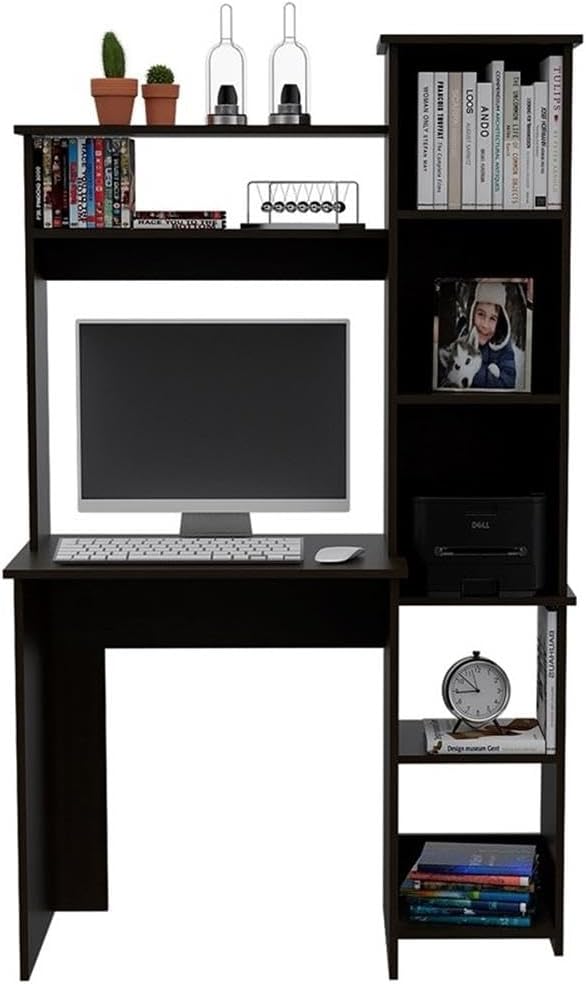 BOWERY HILL Modern Engineered Wood Home Office Desk Black Wengue Finish 63.9 H x 39.7 W x 17.8 D Hutch with Shelves Side Bookcase Space-Saving Design Ideal for Small Home Office