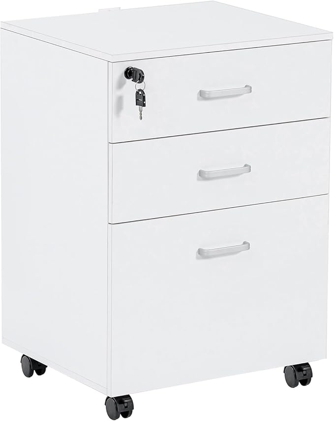 QDSSDECO 3 Drawer Mobile File Cabinet Rolling Vertical Filing Cabinet fits A4 Legal Paper and Letter Paper for Home Office White with Lock