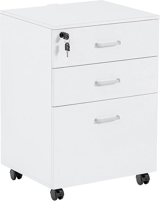 QDSSDECO 3 Drawer Mobile File Cabinet Rolling Vertical Filing Cabinet fits A4 Legal Paper and Letter Paper for Home Office White with Lock