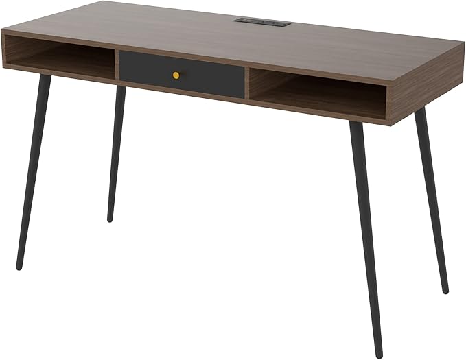 Mid Century Desk with USB Ports and Power Outlet Modern Writing Study Desk with Drawers Multifunctional Home Office Computer Desk Walnut