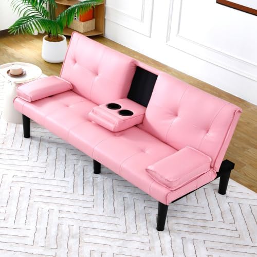Convertible Folding Futon Sofa Bed Fabric Linen Upholstered Modern Couch Loveseat Sleeper Folding Daybed Guest Bed Removable Armrests 2 Cup Holders Metal Legs (Pink)