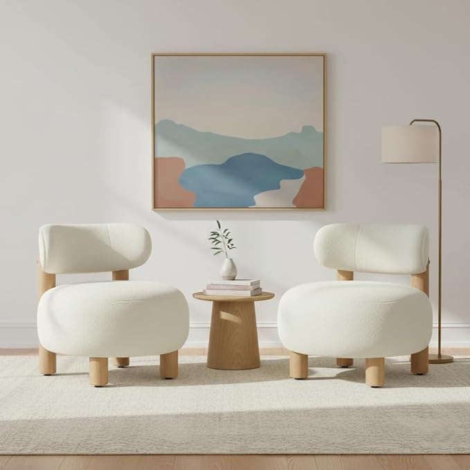 Modern Boucle Accent Chair with Plush Faux Sherpa Upholstery Curved Backrest Solid Wood Legs for Living Room Bedroom Reading Nook 27.5 White