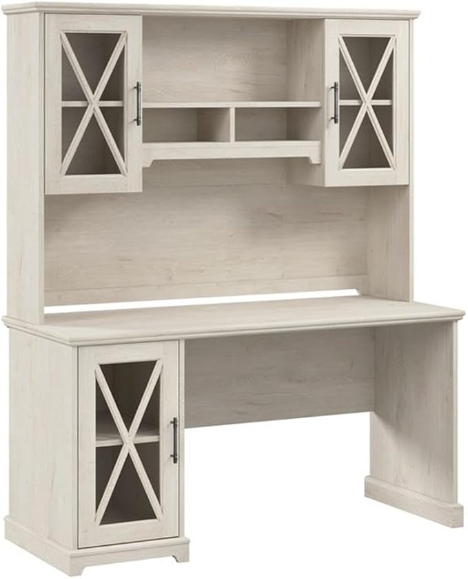 BOWERY HILL 60W Engineered Wood Desk with Hutch and Storage Cabinet Linen White Oak Finish Tempered Glass Door Adjustable Shelves Farmhouse Style Home Office Desk Furniture