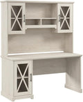 BOWERY HILL 60W Engineered Wood Desk with Hutch and Storage Cabinet Linen White Oak Finish Tempered Glass Door Adjustable Shelves Farmhouse Style Home Office Desk Furniture