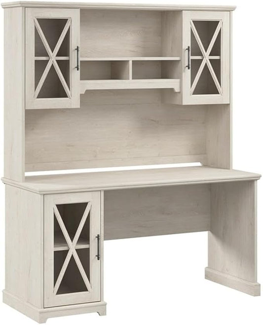 BOWERY HILL 60W Engineered Wood Desk with Hutch and Storage Cabinet Linen White Oak Finish Tempered Glass Door Adjustable Shelves Farmhouse Style Home Office Desk Furniture