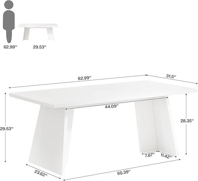 Tribesigns White Executive Desk 63 Large Office Computer Conference Meeting Table with Wooden Robust Pedestal Simple Modern Workstation Business Furniture for Home Office