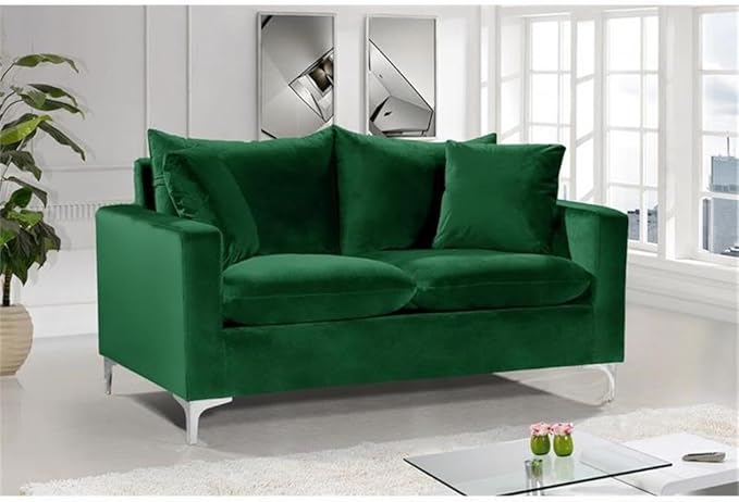Meridian Furniture Naomi Collection Modern | Contemporary Green Velvet Upholstered Loveseat with Stainless Steel Base in a Rich Gold or Chrome Finish 58 W x 33.5 D x 30 H