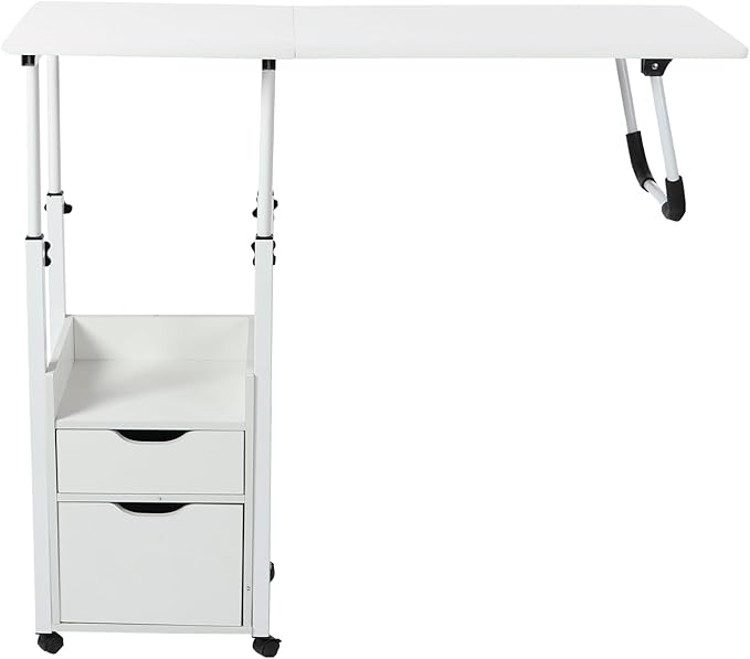 Home Office Desk with Wheels Movable Bedside Table with Plastic Drawers Height Adjustable Over Bed Desk for Laptop White for Home Office Study (White)