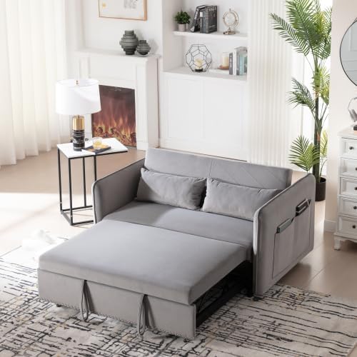 3 in 1 Pull Out Sofa Bed Convertible Loveseat Couch with Side Pockets Velvet Fabric Sleeper Sofa Bed with Adjustable Backrest for Living Room Bedroom Apartment RV Gray