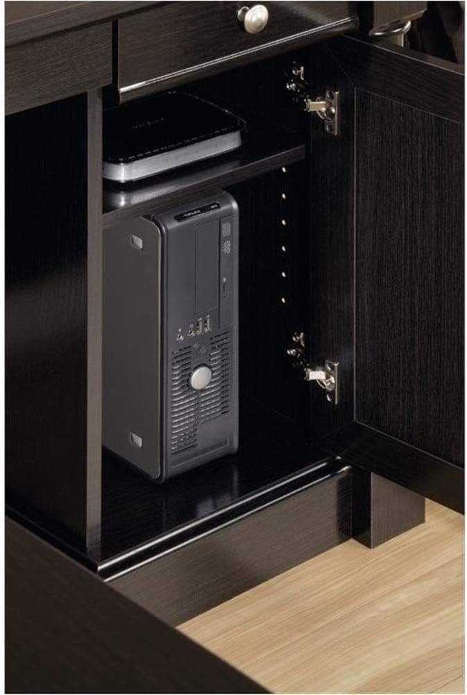 Pemberly Row Contemporary Engineered Wood L-Shaped Computer Desk with 3 Drawers Flip-Down Panel Grommet Holes for Office Space in Wind Oak Finish