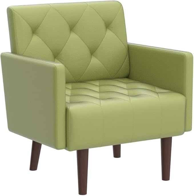 Faux Leather Accent Chair Modern PU Armchair Retro Tufted Upholstered Arm Chair Comfy Leather Club Chair Single Sofa for Living Room Bedroom Reading Room Apartment(Green)