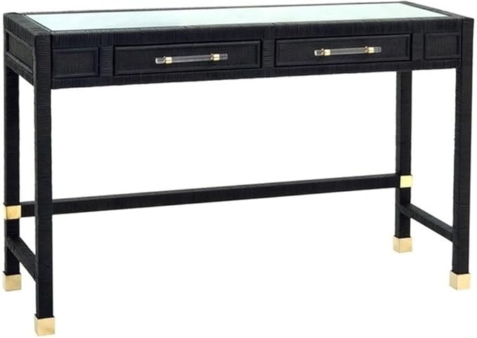 Pemberly Row Modern Rattan Desk 47.2 W x 15.8 D x 31.1 H Wood Frame with Glass Top Charcoal Finish 2 Soft-Close Drawers Handmade Contemporary Writing Desk for Home or Office