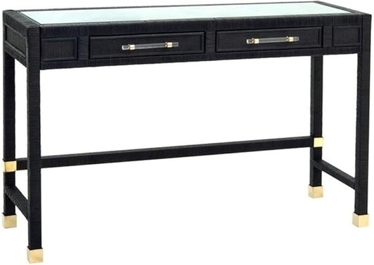 Pemberly Row Modern Rattan Desk 47.2 W x 15.8 D x 31.1 H Wood Frame with Glass Top Charcoal Finish 2 Soft-Close Drawers Handmade Contemporary Writing Desk for Home or Office