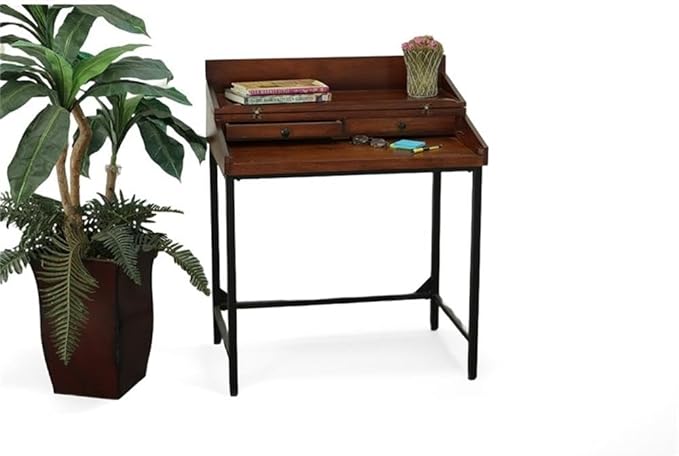 Pemberly Row Hidden Storage Writing Desk Rustic Mango Wood Chestnut Stain Black Metal Frame 31 in x 22 in Foldable Top Industrial Style for Home Office Dorm or Den Use