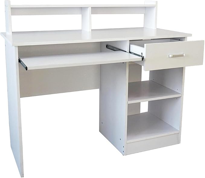 Office Small Computer DeskHome Table with Drawers &amp Storage Shelves Modern Writing DeskStudy Table Workstation (White)