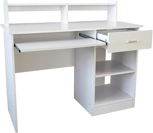 Office Small Computer DeskHome Table with Drawers &amp Storage Shelves Modern Writing DeskStudy Table Workstation (White)