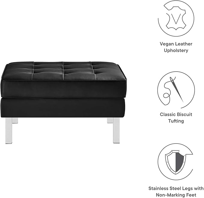 Modway Loft Tufted Button Faux Leather Upholstered Square Ottoman in Silver Black