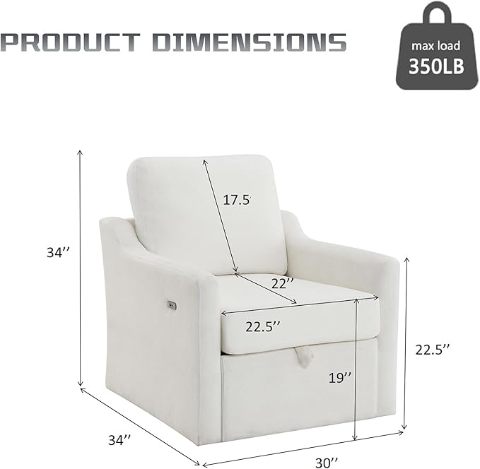 30 White Oversized Swivel Barrel Accent Chair with USB Charging &amp Under-Seat Storage360° Rotating Comfy Reading Arm Chair with Chenille Upholstered for NurseryLiving Room &amp Office(White)