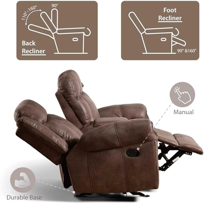 24/7 Shop at Home Amos Oversized Nursery Glider Recliner Chairs for Adults Manual Comfy Reading Couch Overstuffed Reclining Loveseat Sofa Adjustable Comfy Theater Seating for Living Room Brown