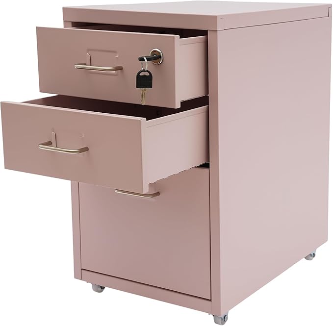 3-Tier Metal File Cabinet with Wheels Lockable Drawers Cold-Rolled Steel Filing Cabinet Under Desk for Home Office/Study/Dresser StoragePink