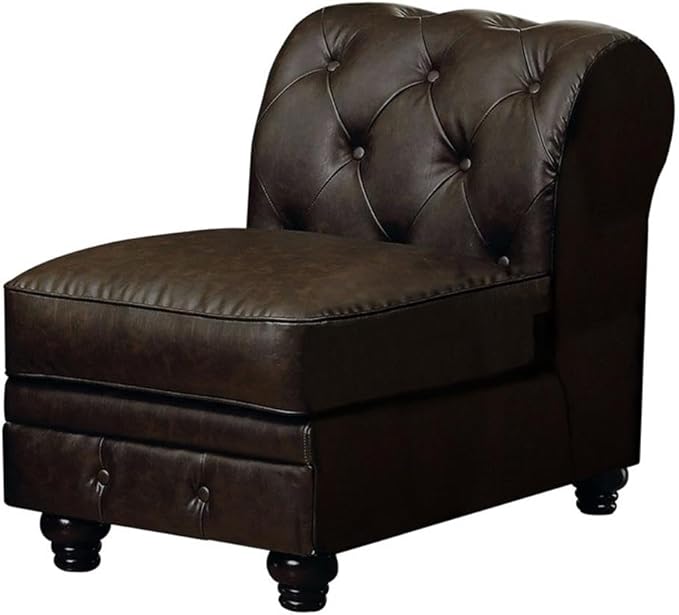 Bowery Hill Armless Accent Chair 23.63W x 35.63D x 33H Faux Leather Upholstery Brown Finish Foam Cushions Button-Tufted Design Espresso Wood Feet Contemporary Style for Living Room Seating