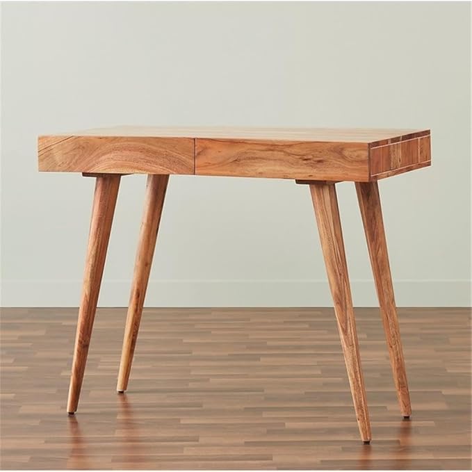 Pemberly Row Contemporary Office Desk 39 in Wide Solid Hardwood Natural Matte Wax Finish Rectangle Mid-Century Modern Style Small Home Office Desk with Drawers 31 in Height x 20 in Depth