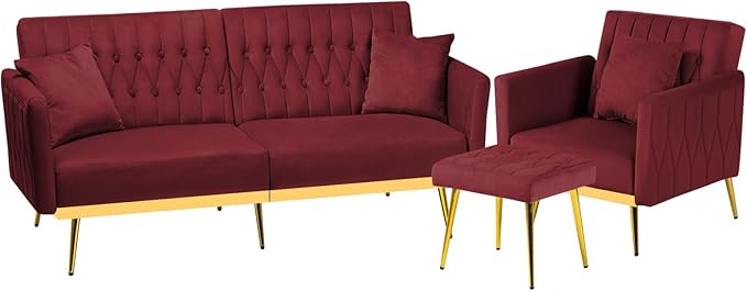 2 Pieces Velvet Sofa Set with Adjustable Armrest and Backrest 70” Convertible Futon Sofa Bed &amp Mordern Accent Chair with Ottoman for Living Room Bedroom Red