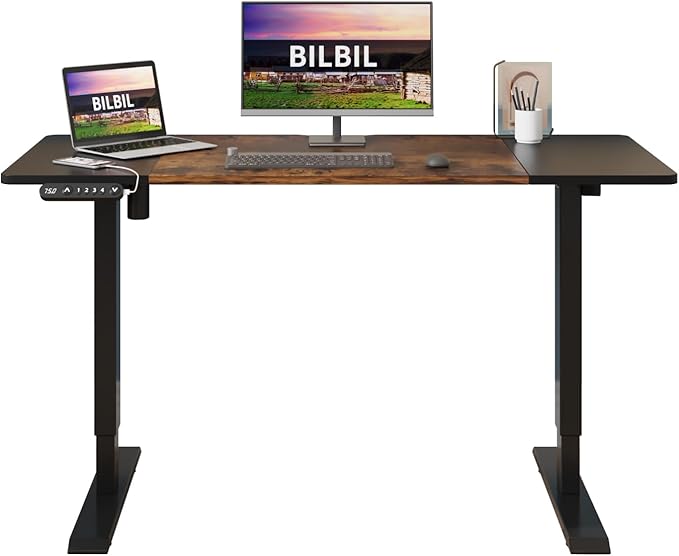 bilbil Height Adjustable Electric Standing Desk 55 x 24 Inches Sit Stand up for Work Office Home Ergonomic Rising Computer Table with Memory Preset with Splice Desktop (Rustic Brown Black)