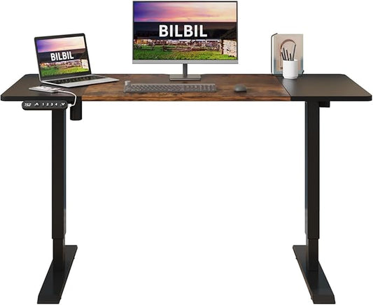 bilbil Height Adjustable Electric Standing Desk 55 x 24 Inches Sit Stand up for Work Office Home Ergonomic Rising Computer Table with Memory Preset with Splice Desktop (Rustic Brown Black)