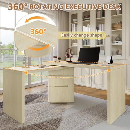 Merax Home Office Desk L Shaped with 3 DrawersWooden Rotating 90 Large DeskExecutive Office WorkstationCorner Work Table for Study WritingNatural Wood