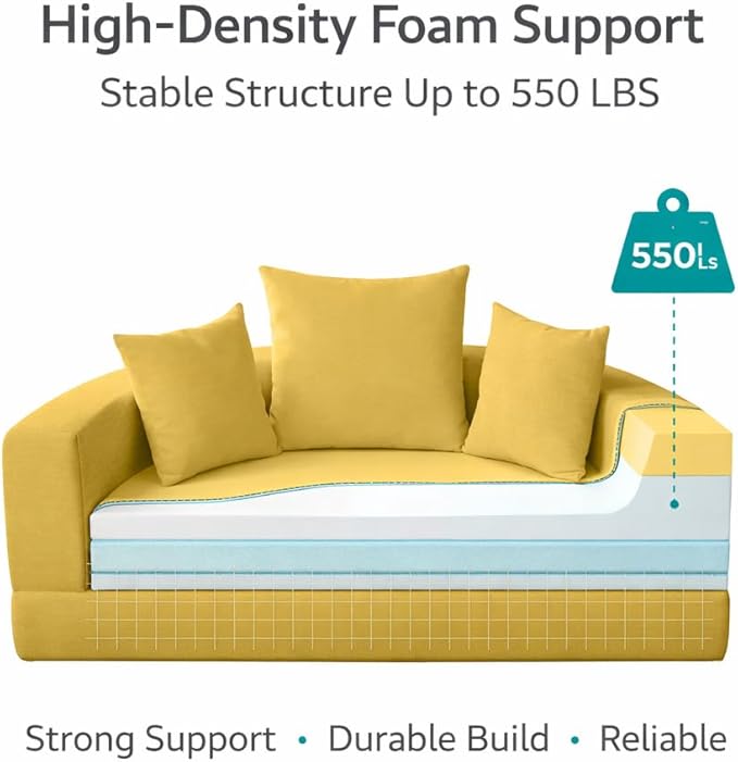Convertible Round Sofa Bed 67 Corduroy Upholstered Loveseat Sleeper Couch Pull-Out Floor Bed with 3 Pillows No Assembly 550 lbs Weight Capacity (Yellow)
