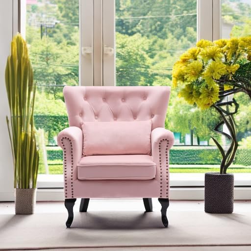 chairus Mid-Century Modern Accent Chair Comfy Tufted Single Sofa Chair Wingback Armchair with Pillow for Club Living Room Bedroom - Velvet Pink