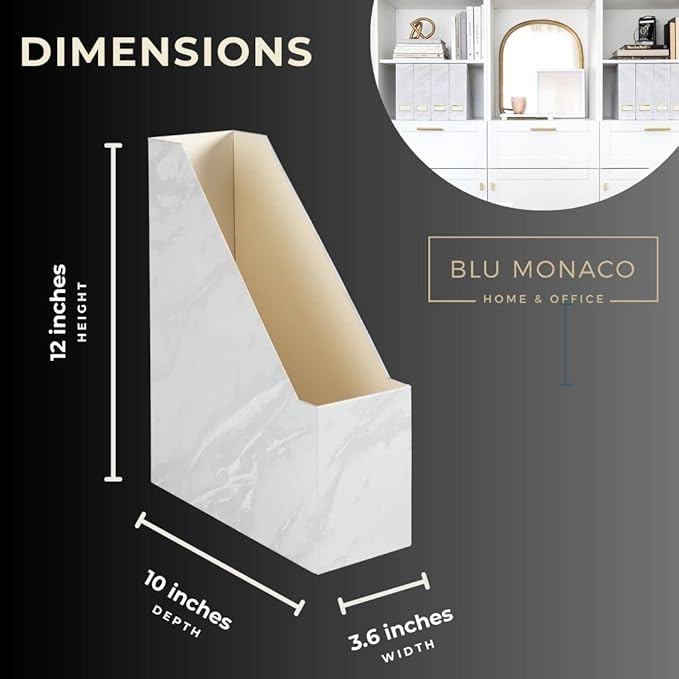 BLU MONACO Set of 4 Magazine Holders | White Marble Design with Gold Label Holders | Foldable File Organizer Boxes for Desk Office &amp Classroom | Stylish Paper &amp Magazine Storage