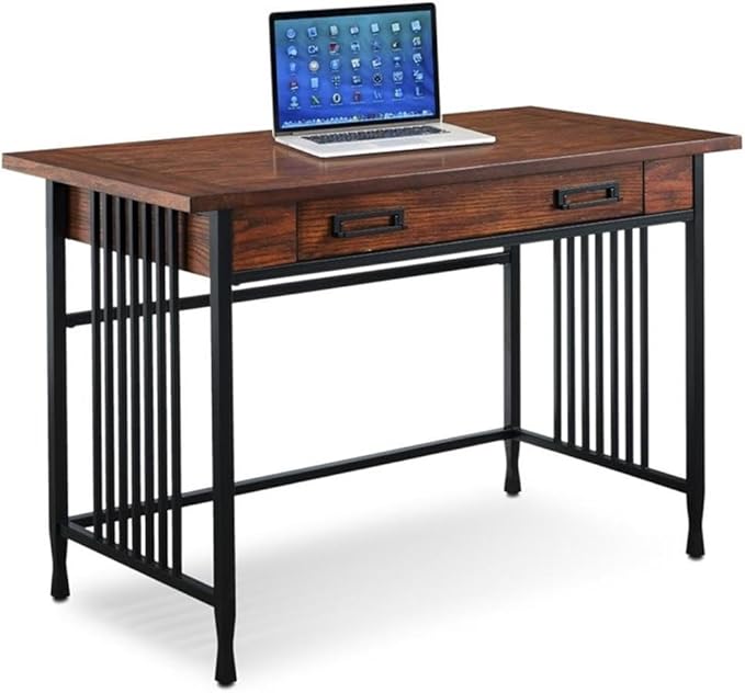 BOWERY HILL Computer Desk 46 in x 22 in x 30 in Mission Oak Finish Hardwood Solids and Oak Veneers Matte Black Steel Base Drop Front Drawer Home Office Writing Desk