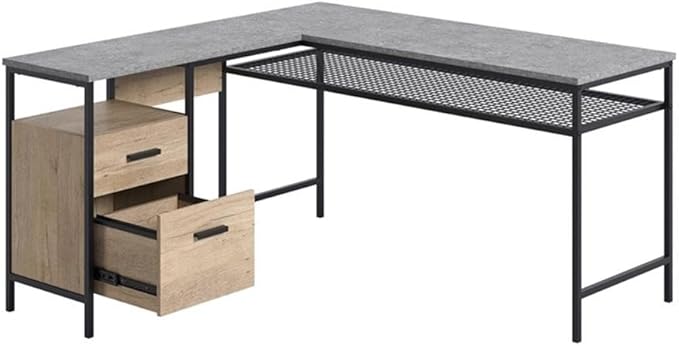 Pemberly Row L-Shaped Engineered Wood and Metal Desk Prime Oak Finish 55.91 in x 57.64 in x 30.59 in Storage Drawers Open Shelves Wire Mesh Shelf Home Office Computer Desk