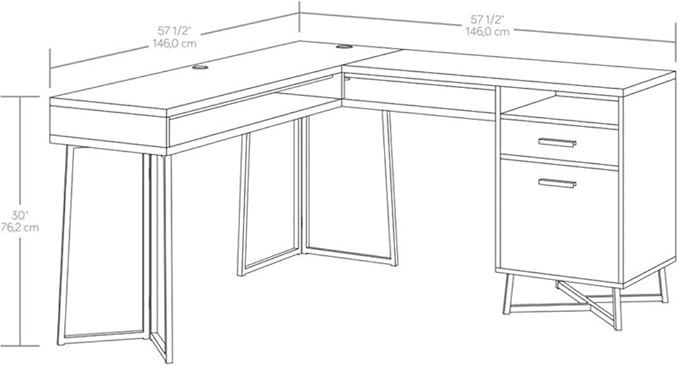 Pemberly Row Contemporary L-Shaped Computer Desk Engineered Wood and Metal Brew Oak Finish 57.48 in W 2 Drawers Cubbyhole Storage Cord Management Home Office Workstation