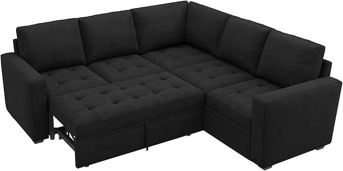 HONBAY Modular Sectional Sleeper Sofa with Pull Out Bed Velvet Convertible L Shaped Couch with Storage Seat Sectional Couches for Living Room Black
