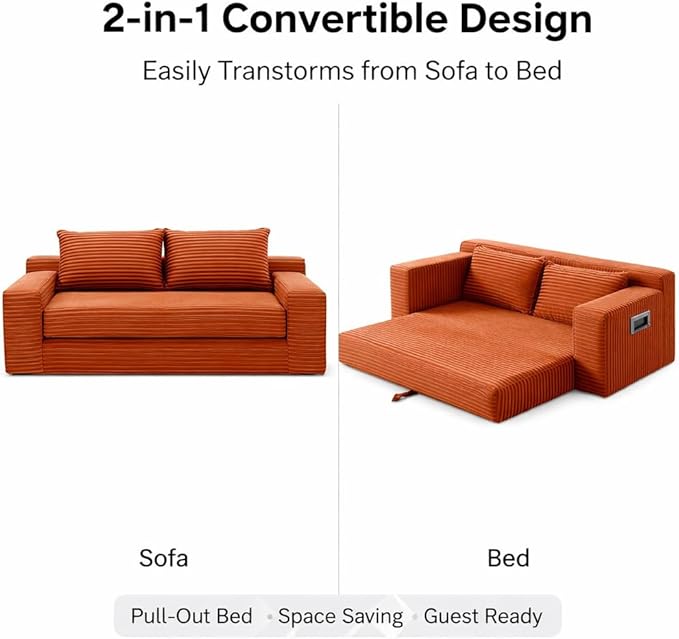73INCH 2 in 1 Convertible Folding Couch Bed Corduroy Sleeper Sofa with Pull-Out Bed No Assembly Floor Sofa for Living Room Apartment &amp Small Spaces (Orange)