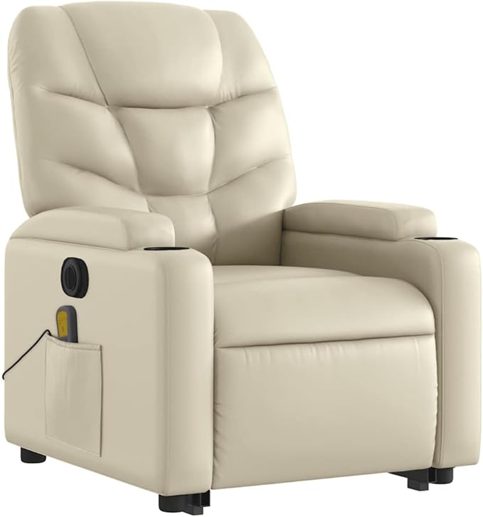 vidaXL Electric Massage Recliner Chair - Cream Faux Leather Stand Up Armchair with Power Lift Vibration Massage Cup Holders for Living Room