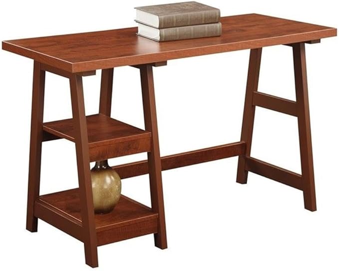 Convenience Concepts Designs2Go Trestle Desk 47 - Modern Desk or Vanity with Shelves for Office Dorm Living Room Cherry