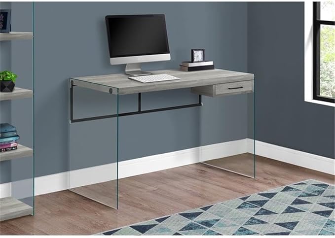Pemberly Row Computer Desk 48-Inch Laptop Table Tempered Glass Legs Gray Reclaimed Wood Finish Storage Drawer Compact Writing Desk for Small Home Office or Apartment
