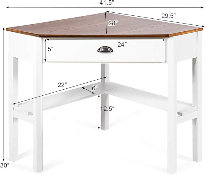 Tangkula Corner Desk Corner Computer Desk with Drawer for Small Space Small Corner Makeup Vanity Desk 90 Degrees Triangle Corner Desk with Storage Shelves (Natural &amp White)