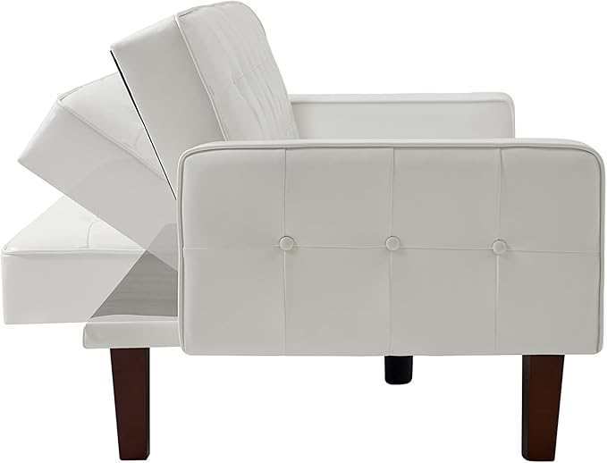 74.4 Faux Leather Couch Bed Sofa Bed Small Space Sleeper Couch with Adjustable Backrest Mid Century Modern Couches for Small Living Room Office Bedroom Apartment (White)