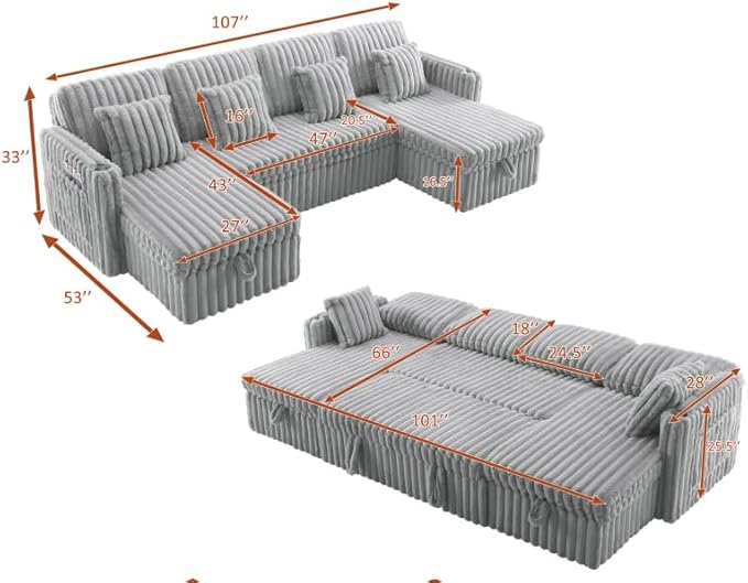 KEIKI 107 U-Shaped Convertible Corduroy Sectional Sofa with Double Storage Chaise &amp Square Arms &amp Pull-Out Bed Oversized Fluffy 5-Seater Sleeper Couch Easy Assembly for Living Room Light